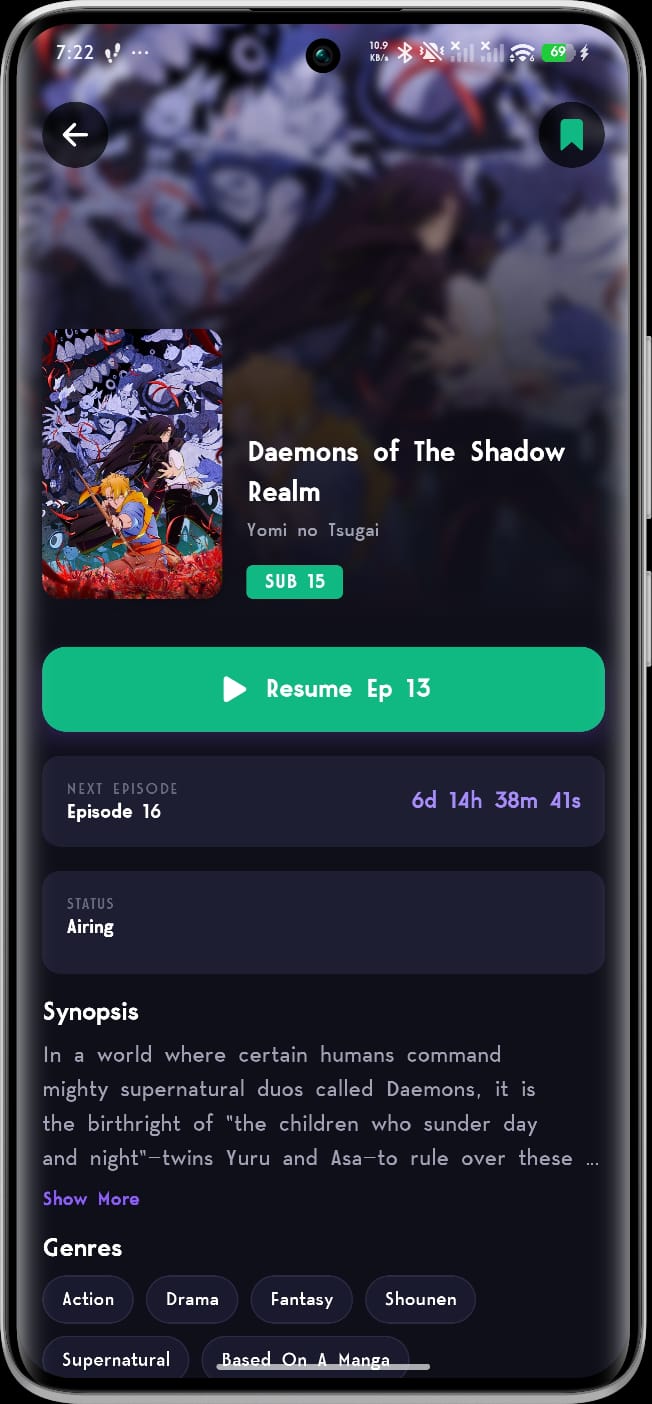 Anime detail page with resume button, next episode countdown and synopsis