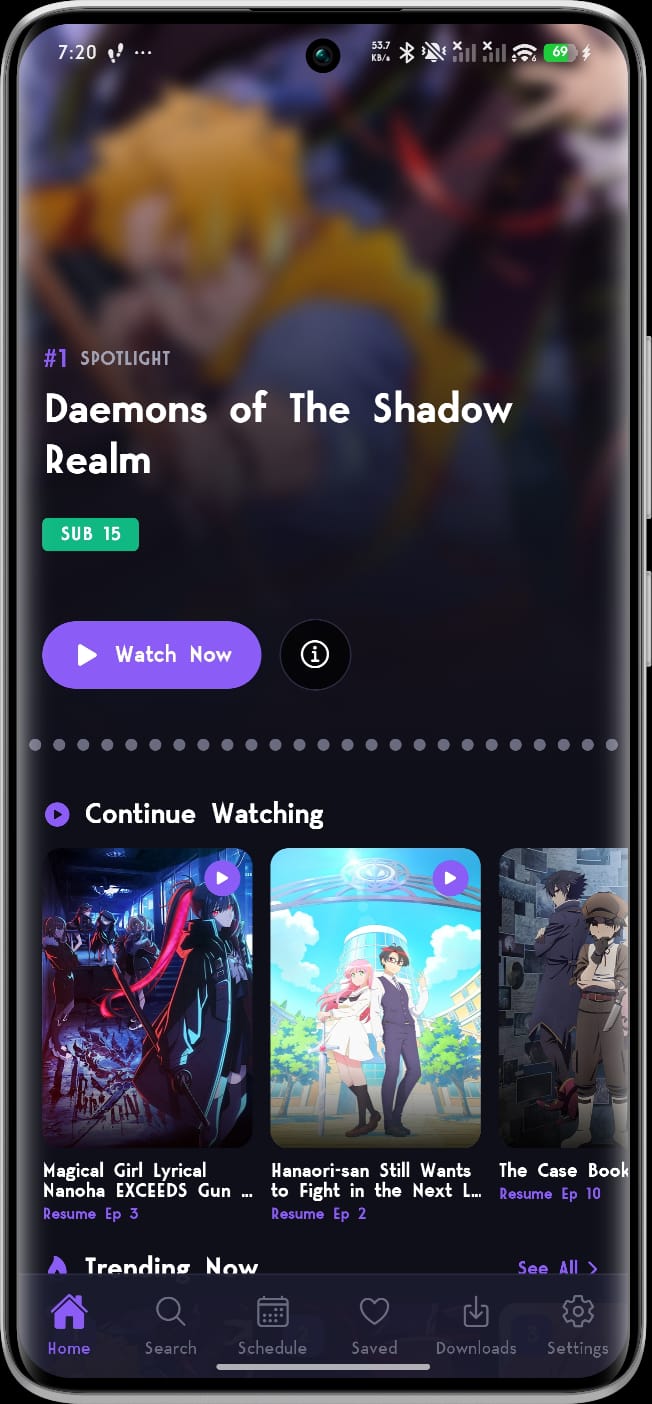 Nani-me mobile app home screen with spotlight and continue watching
