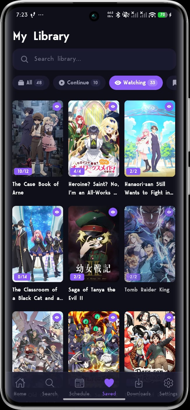 My Library screen with watching and continue filters