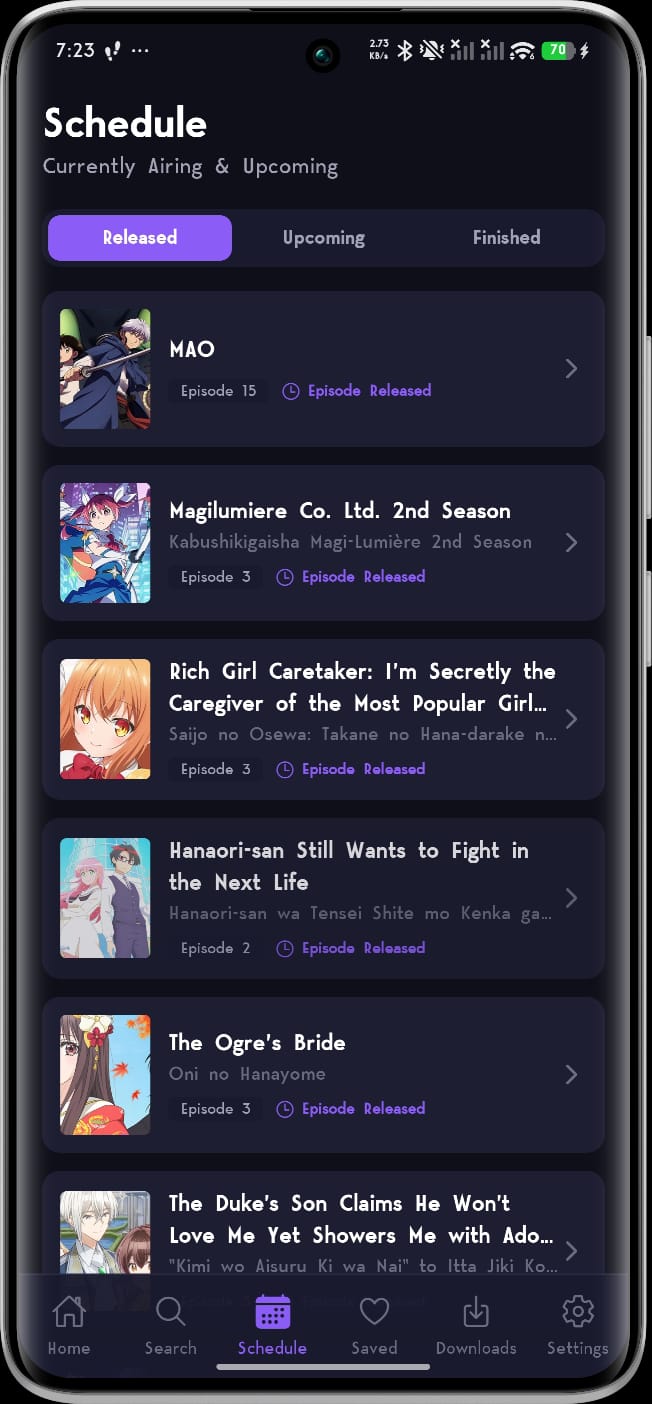 Schedule screen with released, upcoming and finished tabs