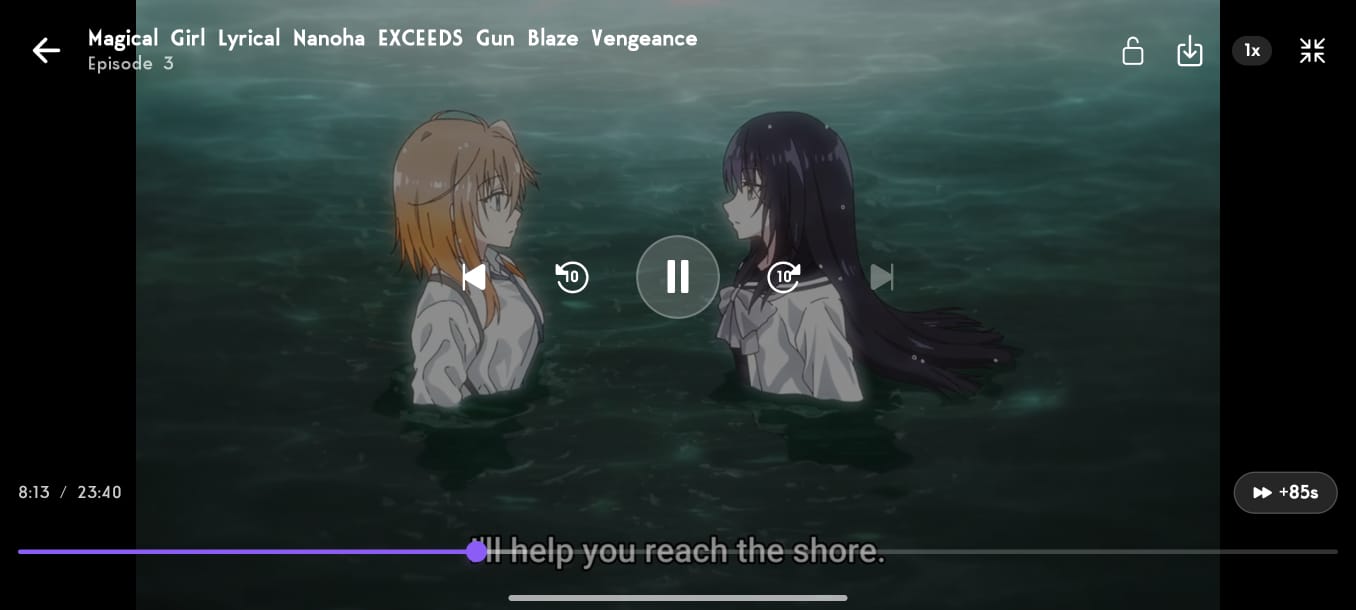 Nani-me video player streaming an episode with subtitles, skip and speed controls