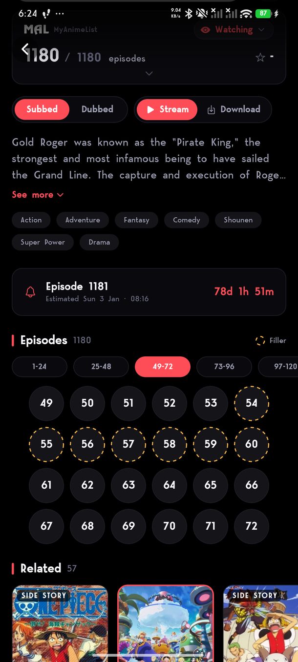 Filler episodes ringed in dashed amber in the episode list.