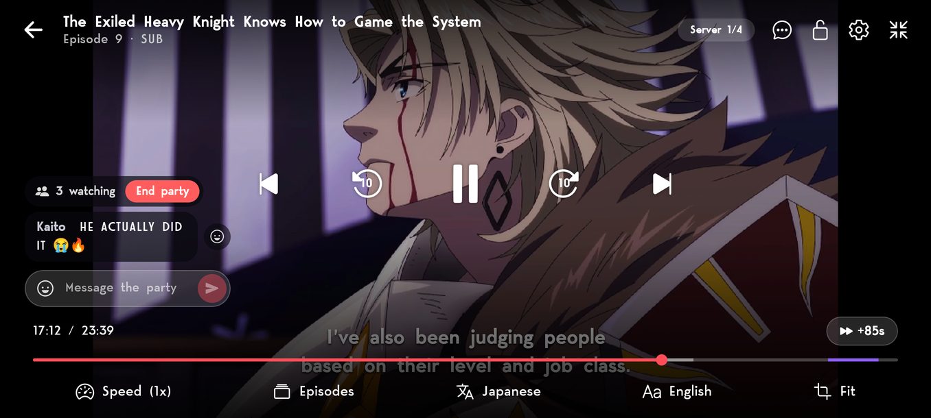Full screen with the controls up: reply, react or end the party.