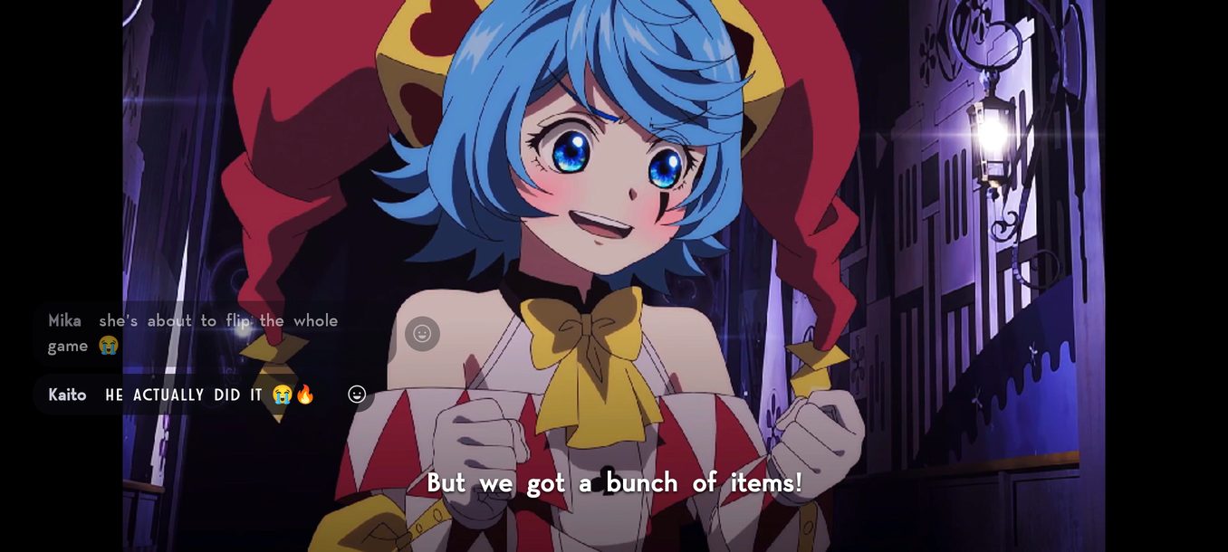 Party messages fading in above the subtitles in full screen.