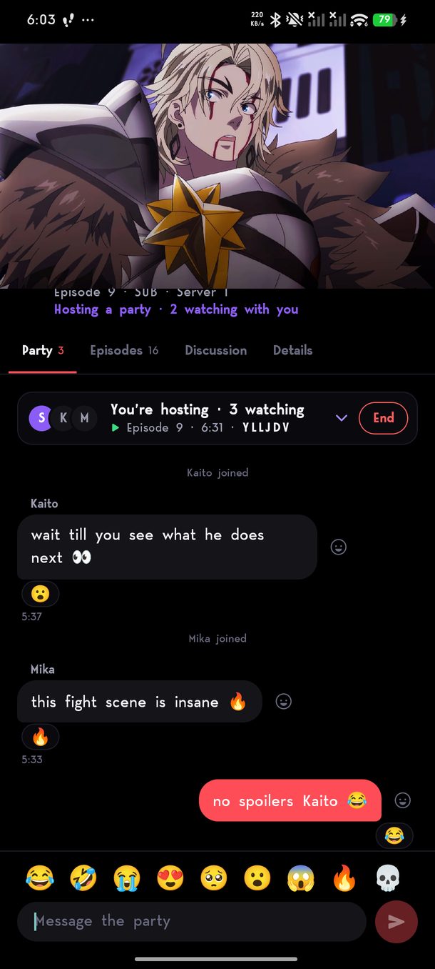 A watch party with chat and reactions.