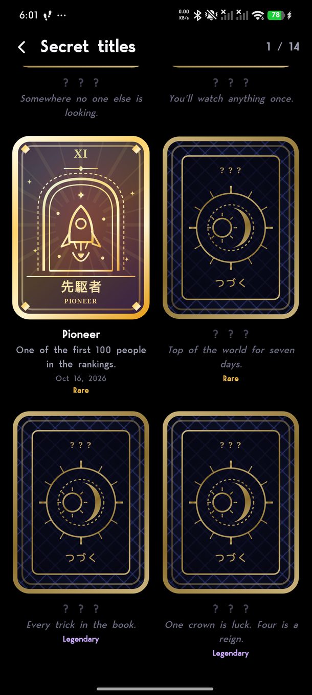 The secret titles deck, with the Pioneer card earned.