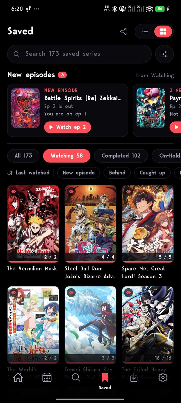 Saved, with new episodes on top and quick filters.