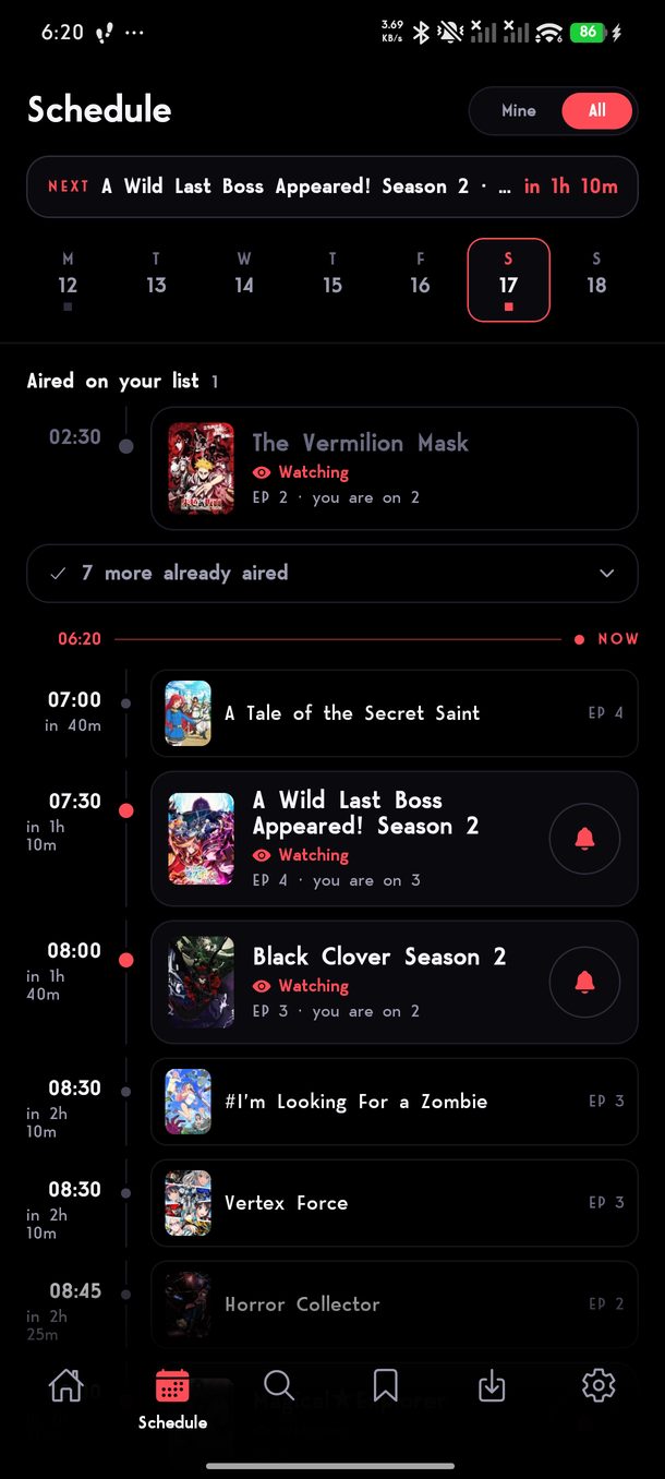 The schedule, with reminders and what aired on your list.