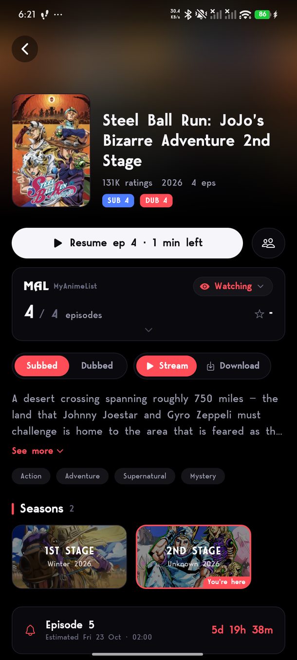 A series page with MyAnimeList status, seasons and a countdown.