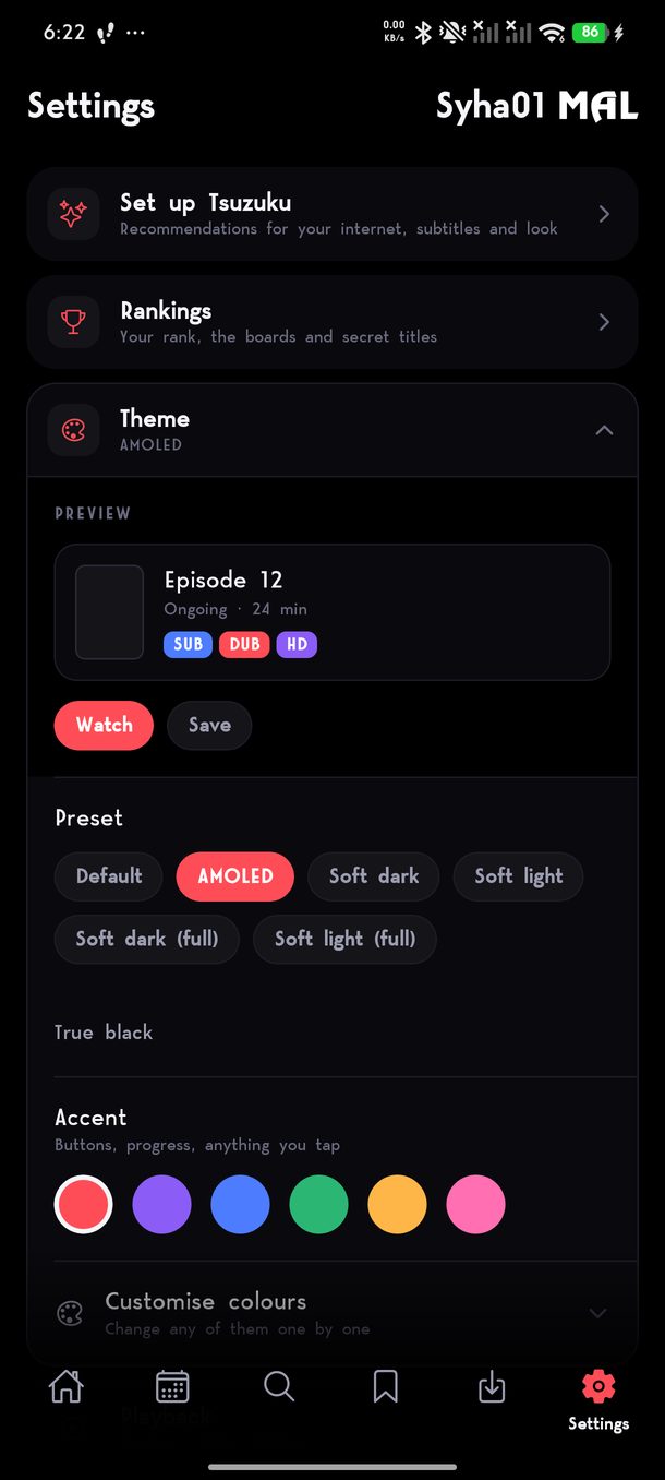 Theme presets, true black and accent colours.