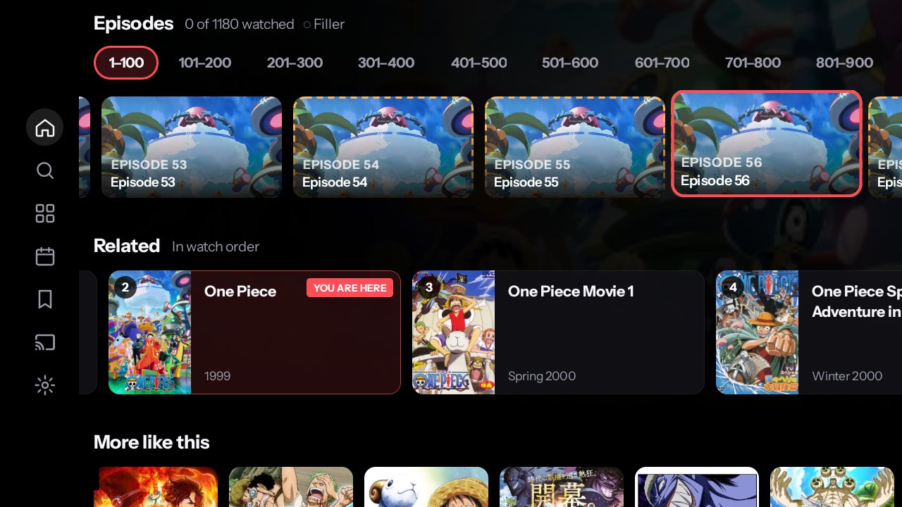 One Piece episodes 54 and 55 with a dashed amber ring marking them as filler.