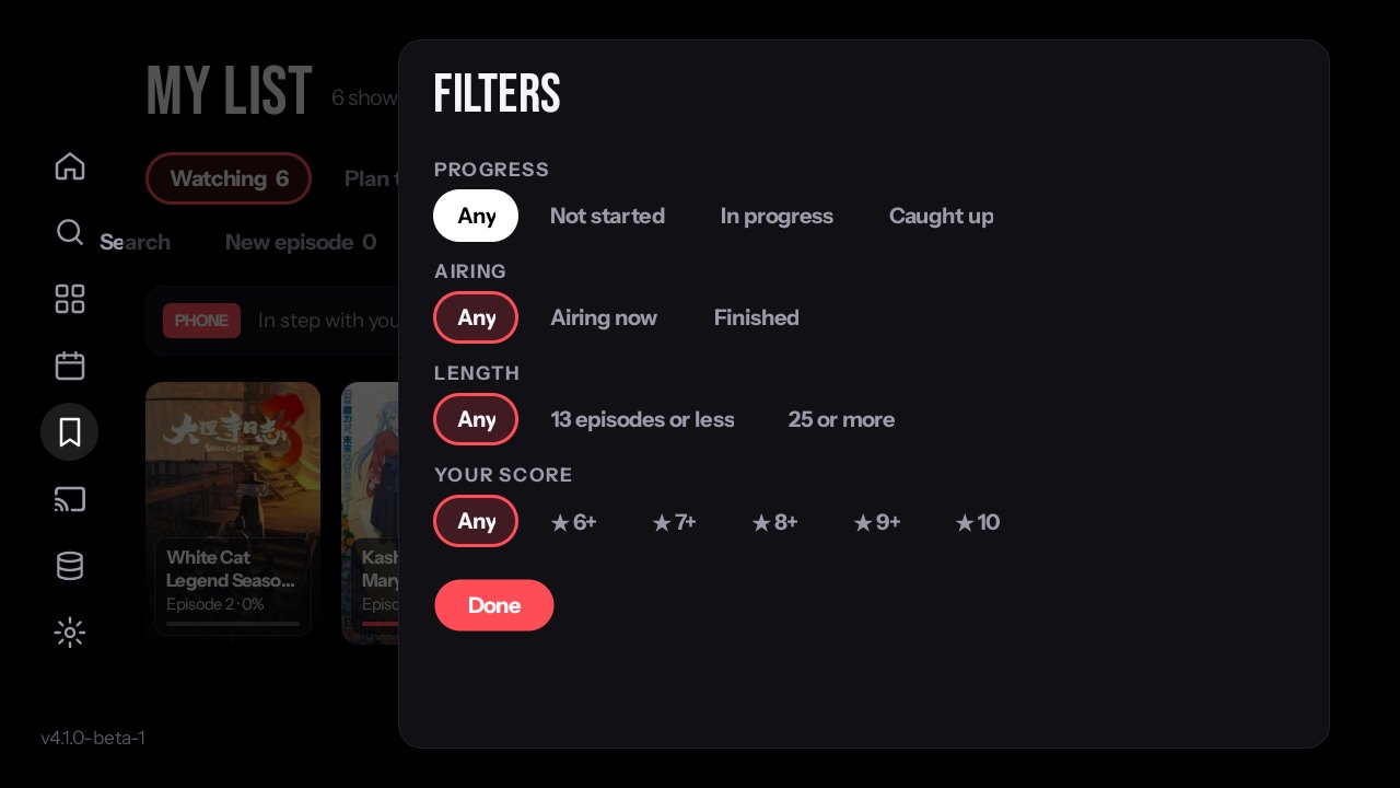 The Filters panel: progress, airing, length and your score.