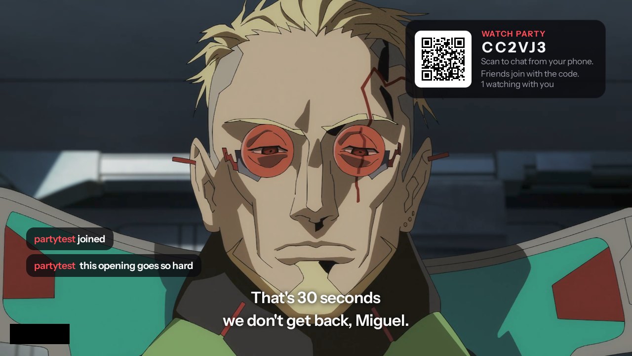 An episode playing with a watch party card in the corner showing the code and a QR to scan, and chat messages fading in at the bottom left.