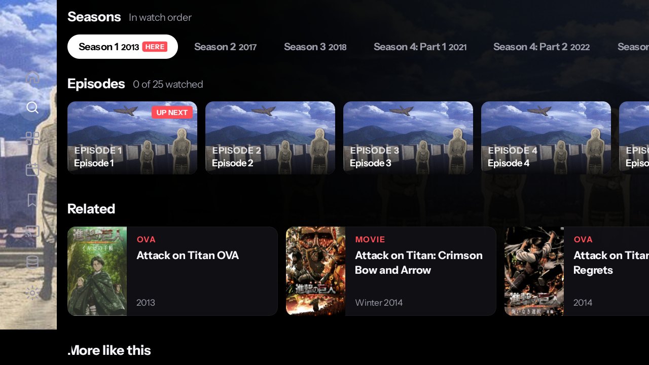 Attack on Titan: tabs for Season 1 to Season 4 Part 2 with their years, Season 1 marked as the one you are on, and its episodes below.