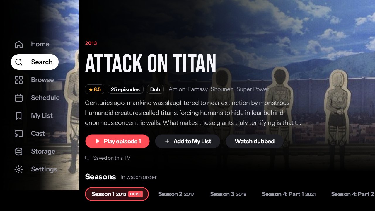 The side menu open over Attack on Titan: Home, Search, Browse, Schedule, My List, Cast, Storage and Settings.