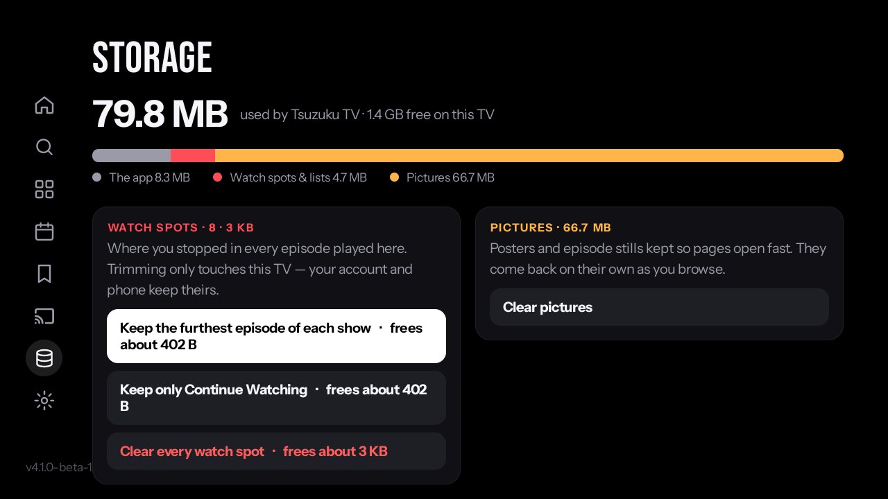 The Storage page: one bar split into the app, watch spots and lists, and pictures, with three ways to trim watch spots and a button to clear pictures.