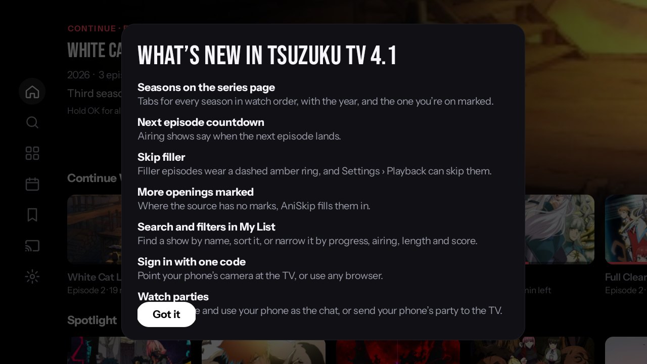 What's new in Tsuzuku TV 4.1, listing seasons, the countdown, skip filler, AniSkip, search and filters, one-code sign-in and watch parties.